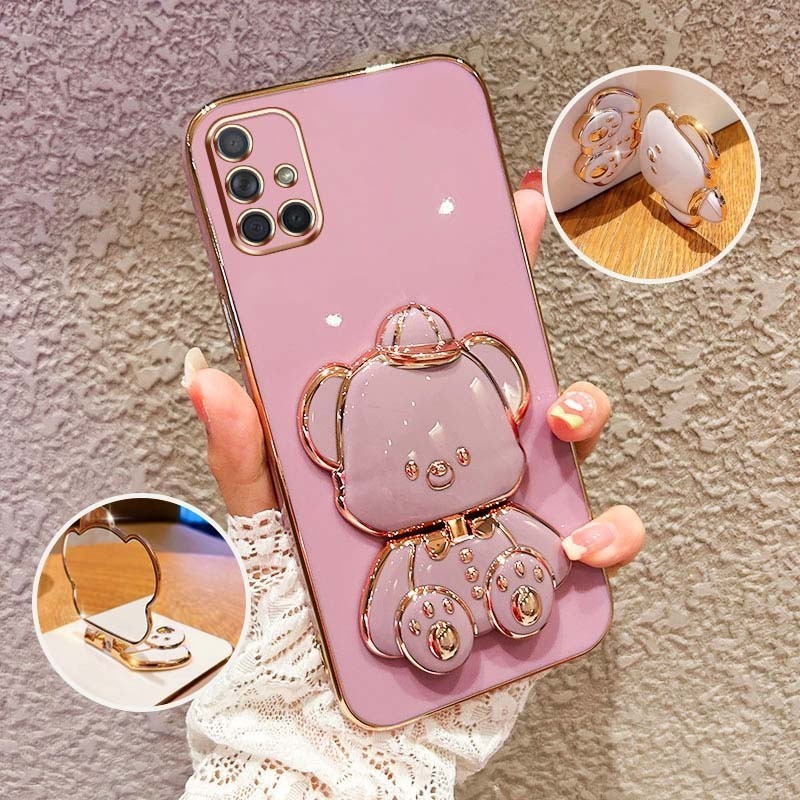 ปลอกกันกระแทกเคสโทรศัพท์สําหรับ Samsung Galaxy A51 A71 4G A42 M42 A35 5G A31 M31 M51 น่ารัก 3D Hatted Baby Bear Stand Bracket กรณีป้องกัน