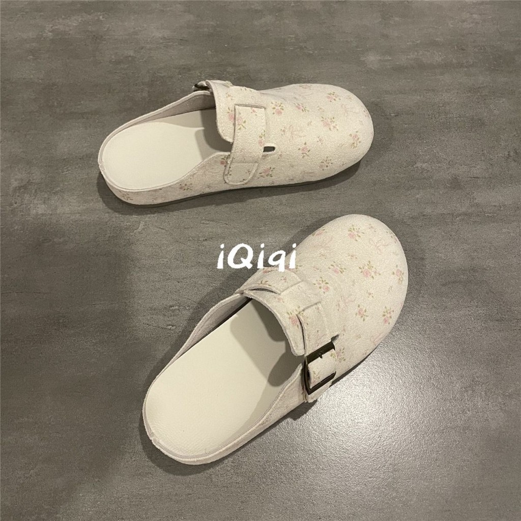 MannNeil ดอกไม้ Baotou รองเท้าแตะครึ่งผู้หญิงสวมใส่ด้านนอก 2025 ฤดูร้อน Slip-On Birkenstock รองเท้า