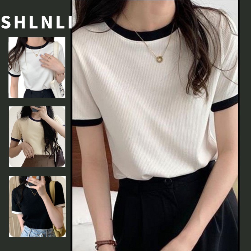 เสื้อยืดผู้หญิงสไตล์แขนสั้น ทรงสリม핏 สีบล็อก สำหรับโอกาสต่างๆ