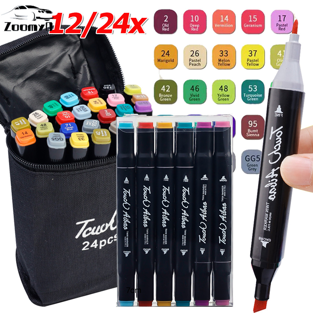 ชุดปากกาเครื่องหมายปลายคู่ 12/24 สี - ปากกามาร์กเกอร์แห้งเร็วถาวรสําหรับร่างภาพประกอบและสมุดระบายสีผู้ใหญ่