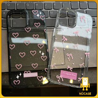 เคส iPhone 16 Pro Max iPhone 11 เคสใสแบบแวววาว TPU นุ่มสีสันสดใส หัวใจและโบว์สีชมพูน่ารัก Compatible iPhone15