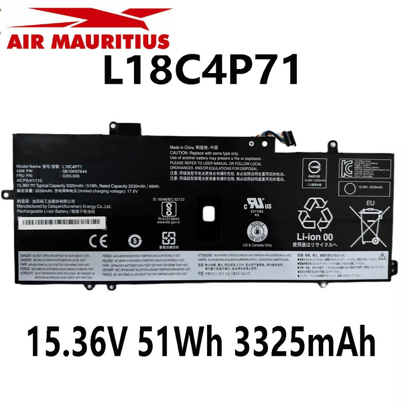 L18C4P71 L18L4P71 แบตเตอรี่แล็ปท็อป 15.36V 51Wh 3325mAh สำหรับ Lenovo ThinkPad X1 Carbon รุ่นที่ 7 ป