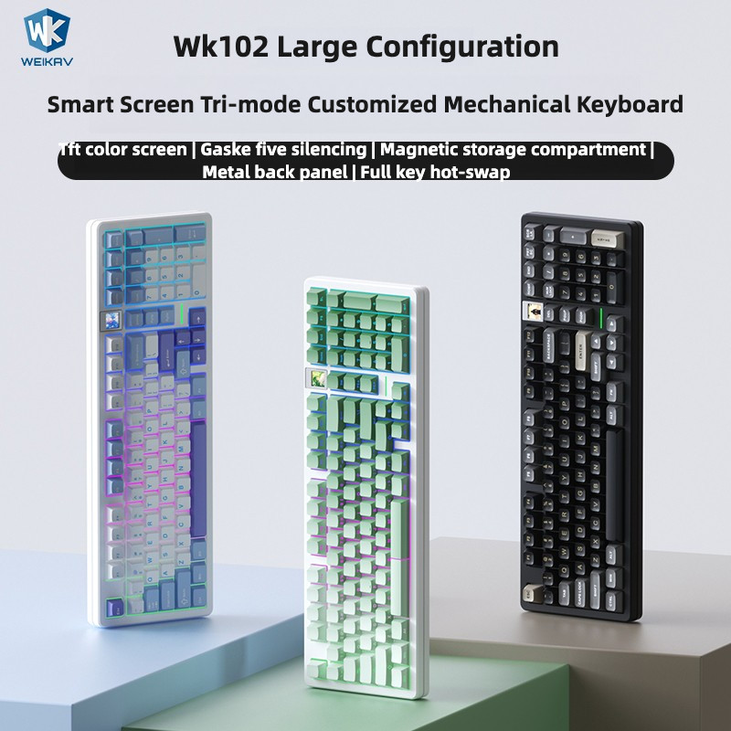 WEIKAV WK102 คีย์บอร์ดไร้สาย Tri-mode บลูทูธ 2.4G แบบมีสาย TFT หน้าจอสีปะเก็นที่กําหนดเอง 98 พร้อมคอ