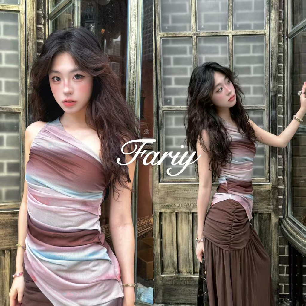Fariy🍒คลังสินค้าพร้อม🍒 เสื้อยืดแขนสั้นไหล่เดียวสไตล์สาวฮอตอเมริกัน ดีไซน์ไล่เฉดสีตัดกัน สำหรับผู้หญิง ทรงเข้ารูป ดีไซน์ฤดูร้อน