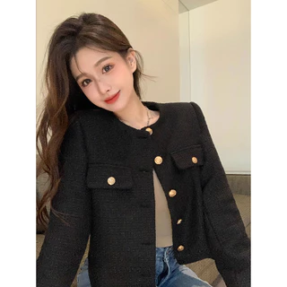 เสื้อทวิต คาร์ดิแกน กระดุม เบลเซอร์ เสื้อคลุม สไตล์หรูหรา สีดํา สไตล์เกาหลี มีกระเป๋า ผู้หญิง แจ็คเก็ต มีกระเป๋า