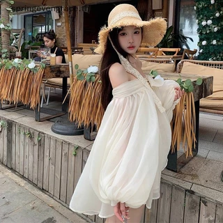 ชุดเดรสชีฟองแขนกุดเปิดไหล่พร้อมโบว์ สไตล์น่ารักสำหรับฤดูร้อน ออกแบบใหม่ให้สวมใส่ง่ายและคล่องตัว