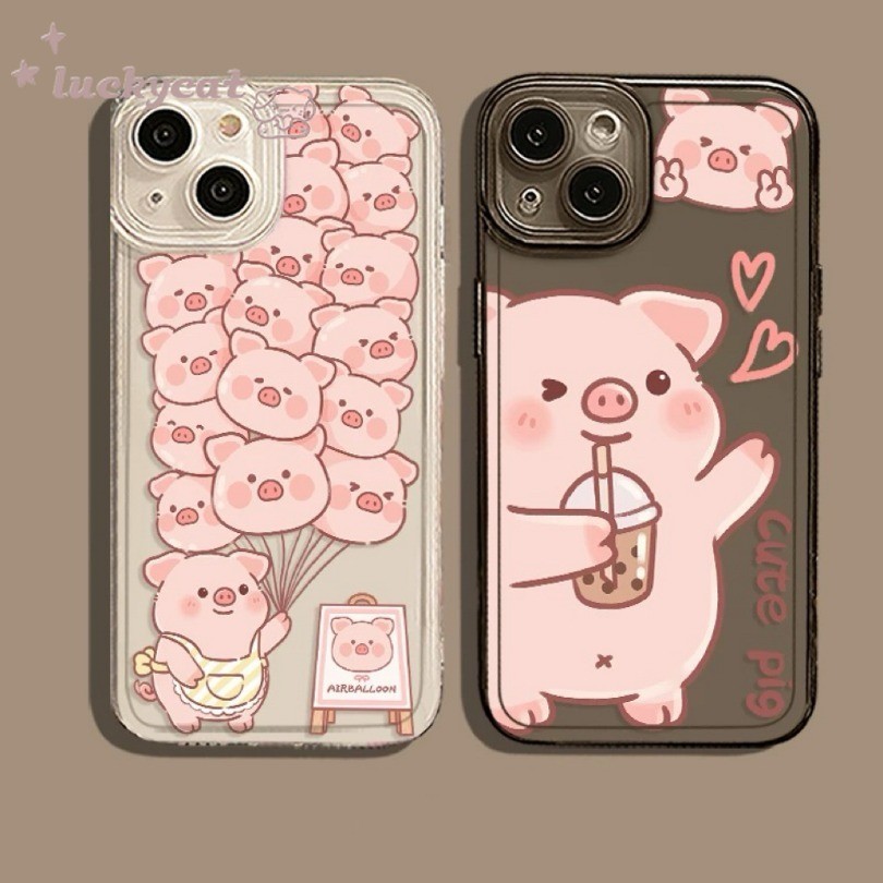 เข้ากันได้กับ iPhone 16 15 14 13 12 11 Pro Max X Xr Xs Max 7 8 Plus SE2020 เคสโทรศัพท์ Ins น่ารักหมูสีชมพูไฮโดรเจนบอลลูนคู่ปกอ่อนใส