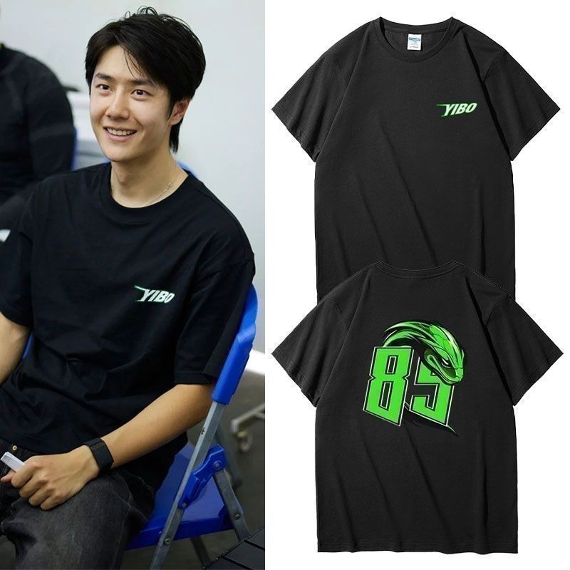 Wang Yibo GT Racing Champion เสื้อยืดลายใบไม้ไผ่งูสีเขียวพร้อมหมายเลขแข่ง ไซส์ S-5XL พร้อมส่ง