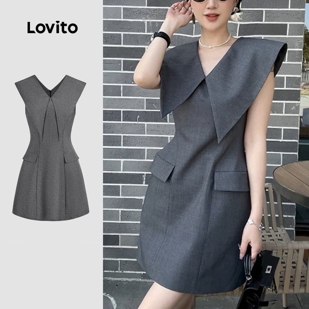 (New) Lovito ชุดเดรสฤดูใบไม้ผลิ/ฤดูร้อนสีเทาแบบลำลอง พร้อมกระเป๋าเทียมและเส้นโครงสร้าง L142ED695