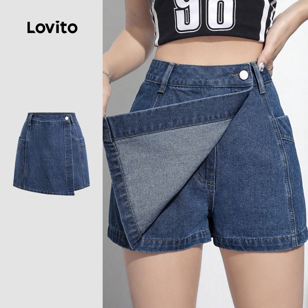(แคชชวล) Lovito กางเกงขาสั้นยีนส์แบบสบาย ๆ พร้อมกระเป๋าห่อ ล้างแล้ว สีฟ้าฤดูใบไม้ผลิ/ฤดูร้อน L142ED447