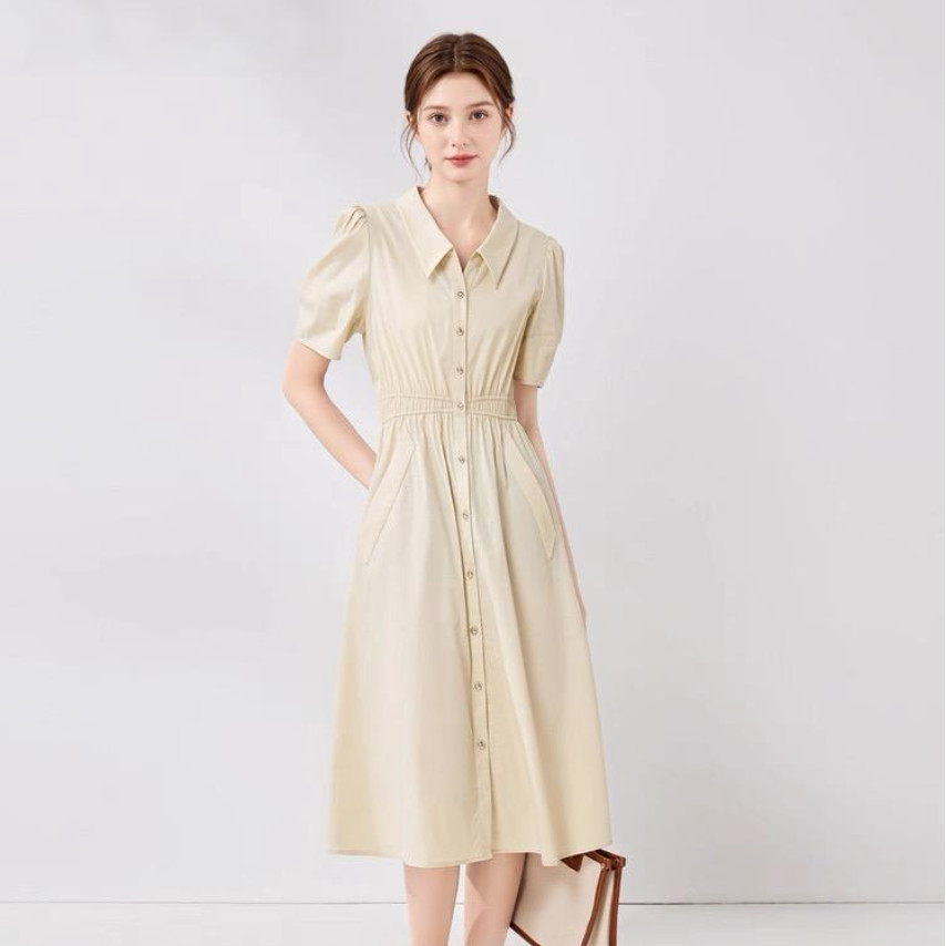 custard summer dress ออกงาน กระโปรงยาว เดรสทํางาน ผู้หญิง ใส่สบาย มีแขน เดรสวินเทจ สบายๆ แฟชั่น คอวี