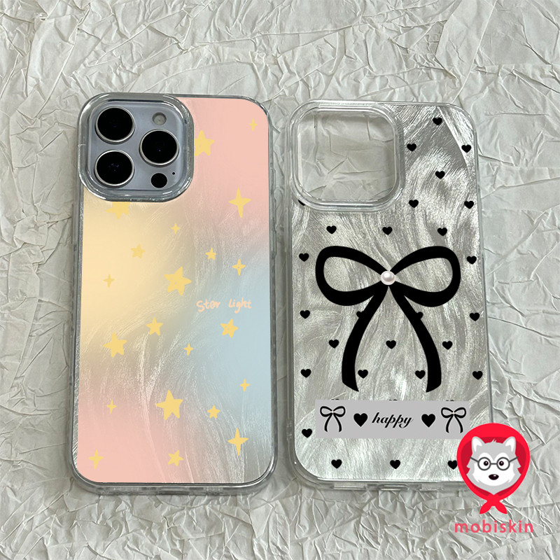 เส้นด้ายขนนกสีเงิน สวยมาก ส่งจากไทย ดาวสีทอง บนพื้นหลังเฉดสีใส for iPhone 16 15 14 plus เคสไอโฟน 13 12 11 PRO MAX X XS