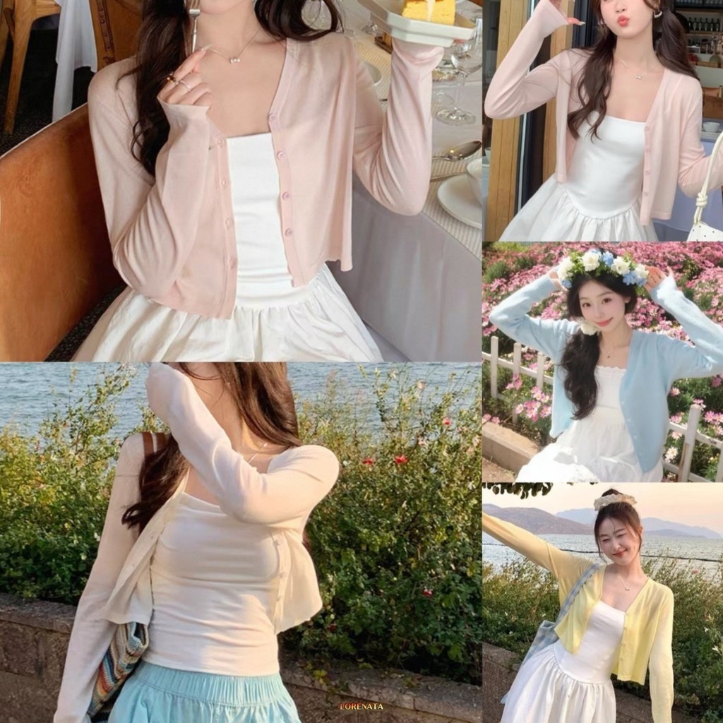 (Bangkok Express) LORENATA ผู้หญิง ฤดูใบไม้ร่วง ครอป สีพื้น แขนยาว เสื้อคาร์ดิแกนถัก เสื้อสเวตเตอร์