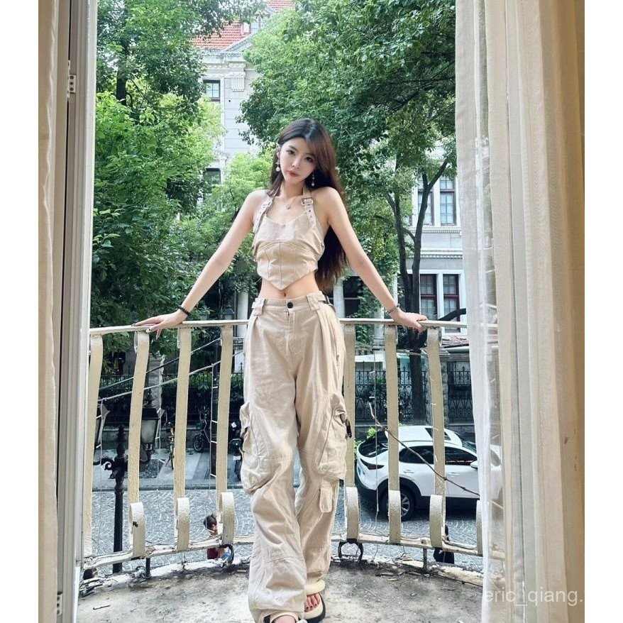 กางเกงขากว้างสไตล์อเมริกันย้อนยุค สบายๆสำหรับผู้หญิง พร้อมสายระโยงยกทรง