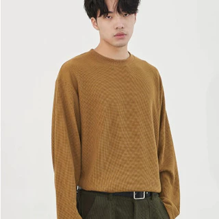 PROMAN วแขนยาววาฟเกอร์ผู้ชาย สีบริสุทธิ์ เสื้อยืด ทรงหลวมสไตล์เรียบง่าย ทรงเข้ารูปขั้นพื้นฐาน มีให้เลือกหลายสี ขนาดM-