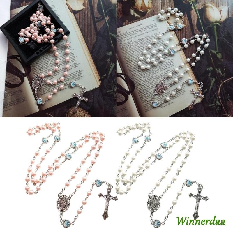 Win Pink Pearl-Rosary ลูกปัดคาทอลิกสร้อยคอ Holy Medal-Cross-Christian สร้อยคอโซ่ยาวสําหรับผู้หญิงและผู้ชายเครื่องประดับ