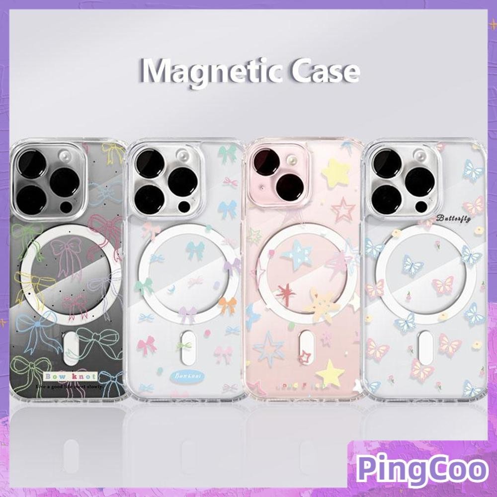 Pingcoo - สำหรับ iPhone 15 PRO MAX เคส iPhone 11 เสริมสร้างแม่เหล็กอะคริลิคใสกระดานแข็ง TPU กรอบนุ่มกันกระแทก คันธนูและดวงดาวหลากสีสัน Compatible With iPhone 14 13 12 Pro Max 11 XR XS Max 7 8Plus
