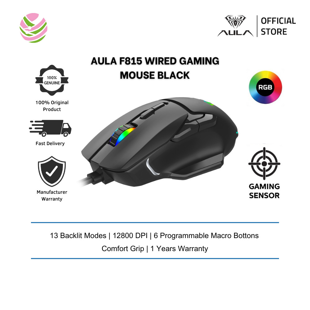 AULA F815 เมาส์สําหรับเล่นเกมแบบมีสายสีดํา