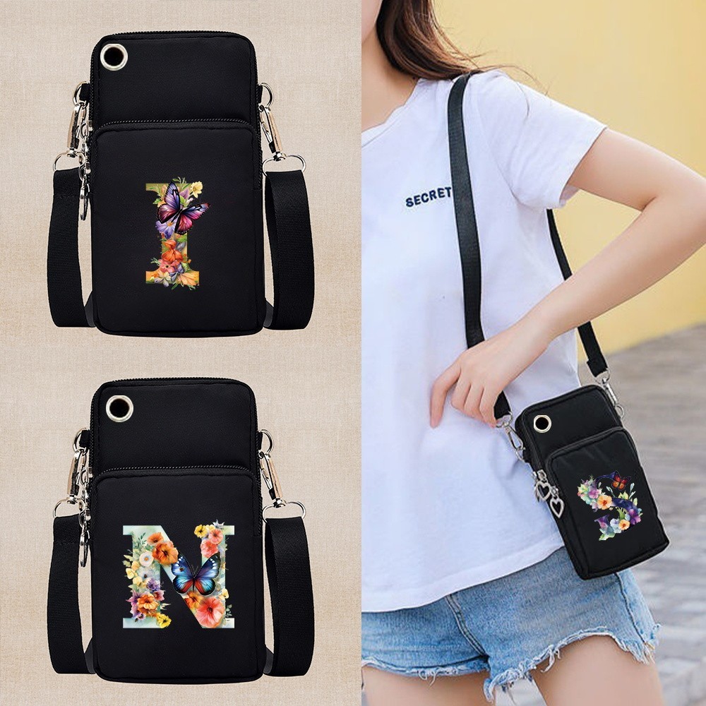 กระเป๋าโทรศัพท์มือถืออินเทรนด์กระเป๋าสะพายข้างขนาดเล็กกระเป๋าสตรีผ้าใบกระเป๋าโทรศัพท์มือถือลายตัวอักษรผีเสื้อเดินทาง