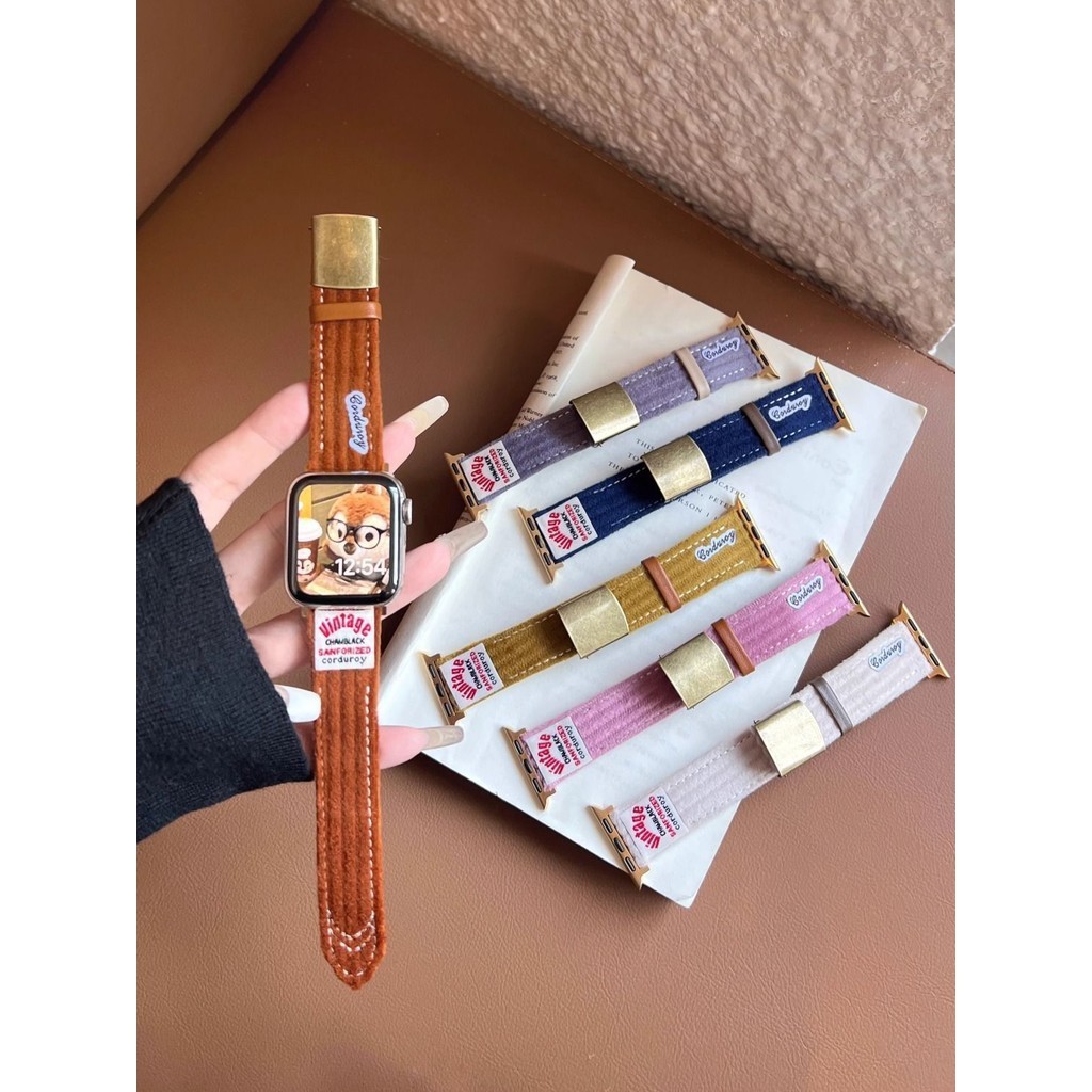 เหมาะสําหรับ AppleWatch9 American Retro Corduroy Labeling สายหนัง s987ultra Creative Niche SE 196W