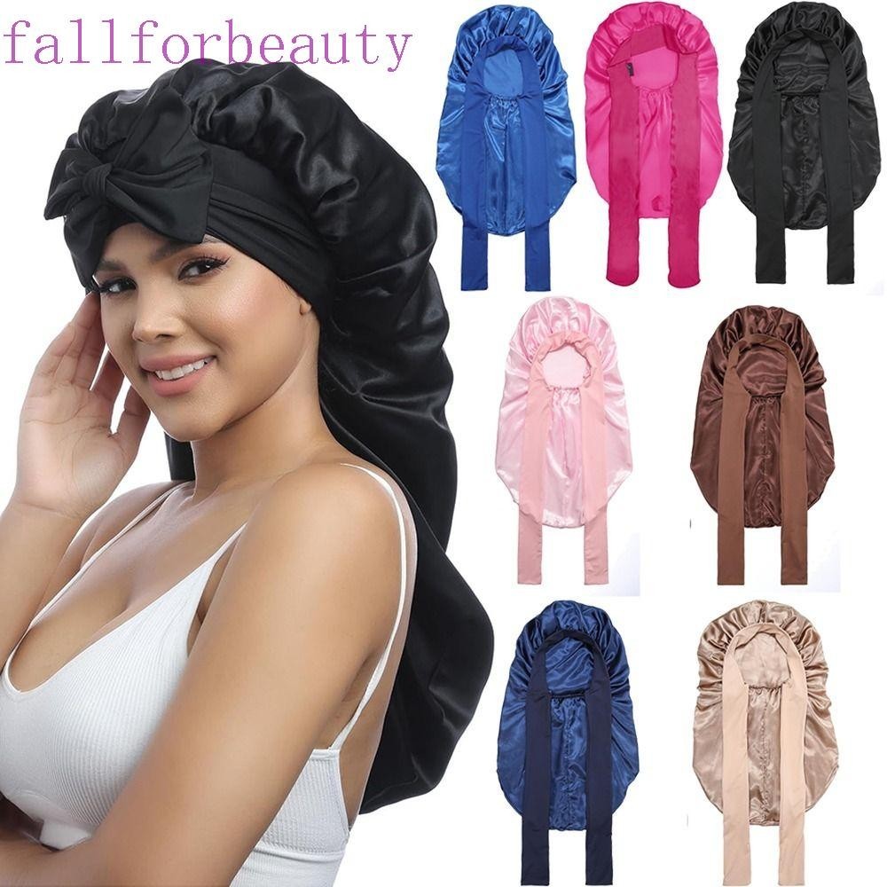 Fallforbeauty หมวกนอนยาว, ฝากระโปรงผู้หญิง Bowknot ยืดหยุ่น, ผ้าซาตินขนาดใหญ่พิเศษเรียงรายปรับ Smooth Night Sleep Cap ผมหยิกธรรมชาติ
