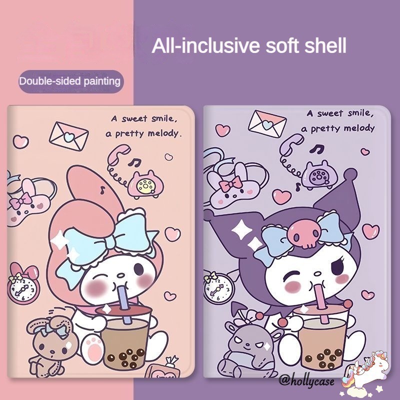 เคส iPad พร้อมช่องเสียบปากกาสําหรับ iPad Air4 Air5 10.2 นิ้ว Gen10 5th 6th Air 3 Mini4 5 2018 Pearl Milk Tea Kuromi Melody Silk วัสดุ iPad Pro 11 ฝาครอบ