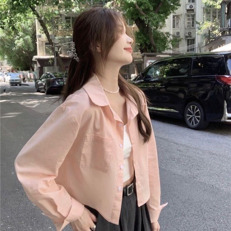 🌸Breeze🌸เสื้อสไตล์ใหม่สาว POLO คอฤดูร้อนหลวมแถวเดียวหลายปุ่มลำลองแขนยาวด้านบนป้องกันแสงแดด🌸(จัดส่ง 24 ชั่วโมง)🌸