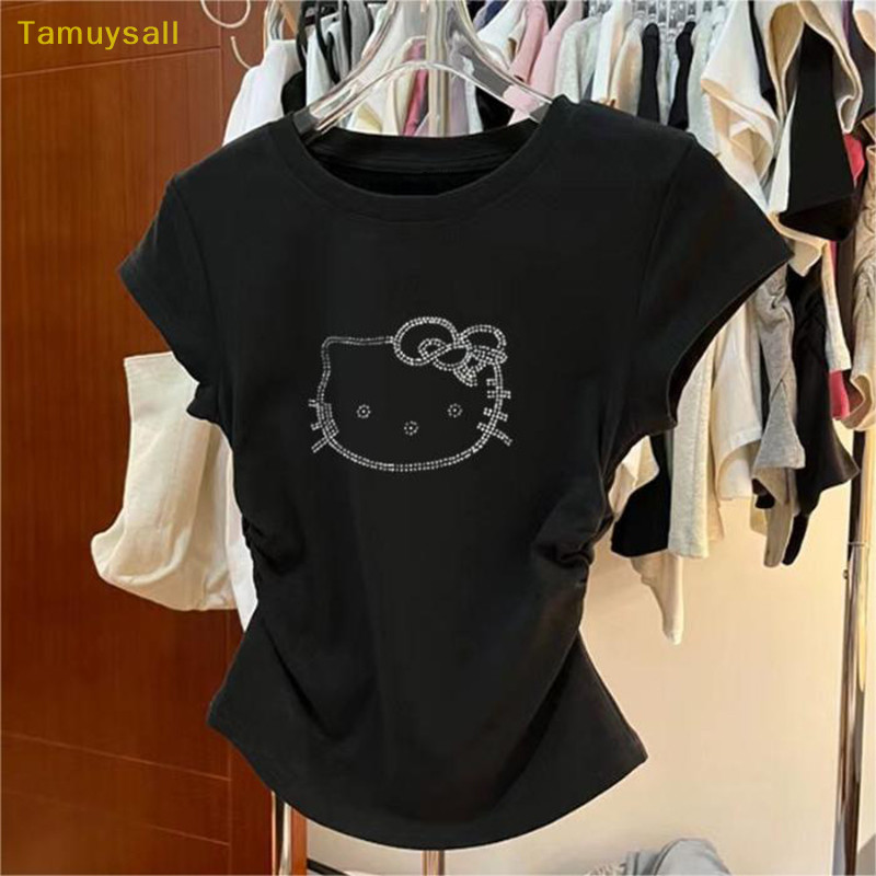[TAMU] เสื้อยืดการ์ตูน Rhinestone เกาหลีผู้หญิงคอกลมแขนสั้นเสื้อครอปทรงสลิมไม่สม่ําเสมอ YSA