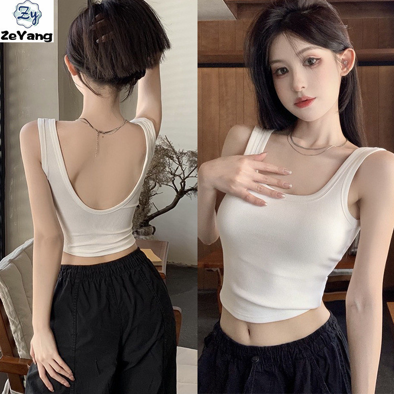 [ZY] 40-60 กก. พร้อมสต็อกผ้าฝ้ายแท้เสื้อกั๊กไม่สม่ําเสมอพร้อมแผ่นรองหน้าอกชุดชั้นใน Pure Desire สาวร้อน All-Match Top เสื้อกั๊กด้านหลังที่สวยงามสวมใส่ด้านนอก Slim @
