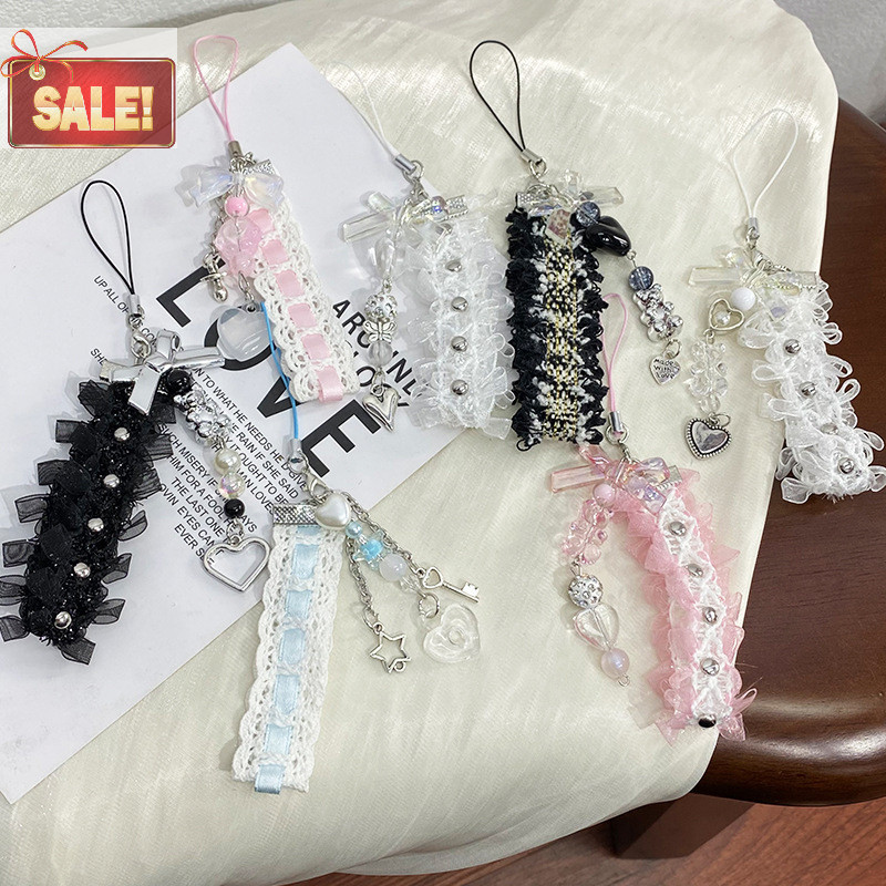 BL Y2k ลูกไม้ริบบิ้นโทรศัพท์โซ่หวานเย็นหมี Love Claw จี้ Charm หูฟังเชือก CCD เชือกเส้นเล็กสายคล้องกระเป๋าตกแต่ง A