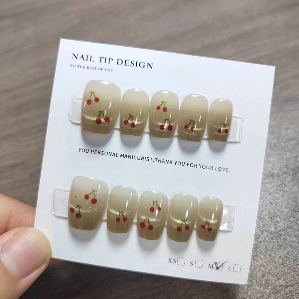 10pcs Cat Eye Handmade กดบนเล็บเล็บปลอมพร้อมสติกเกอร์กาว M215