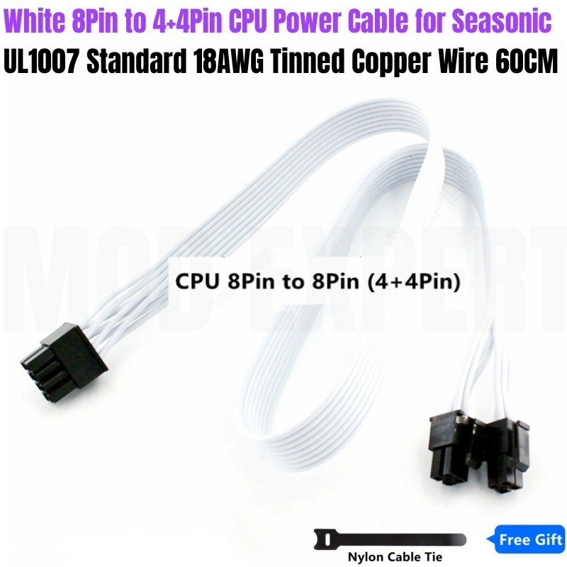 สีขาว PSU 8Pin ถึง 4 + 4Pin EPS12V สายไฟ CPU 18AWG 60 ซม.สําหรับ Seasonic VERTEX GX-1200 GX-1000 สีข