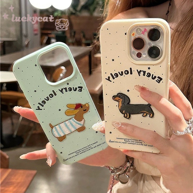 Iphone 15 14 13 12 11 Pro Max X Xr Xs Max เคสโทรศัพท์ 3D DIY มินิน่ารักปักไส้กรอกสุนัขหนังนุ่มฝาครอบโทรศัพท์