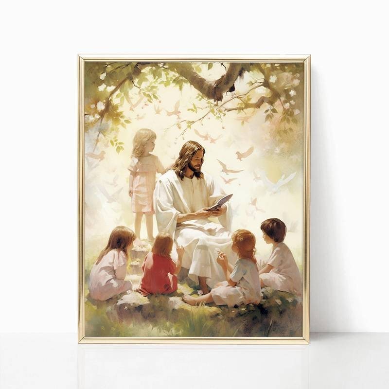 ไม่มีกรอบ Divine Light และ Heavenly Hope of Jesus Christian Nursery ผ้าใบ Wall Art พิมพ์ตกแต่งบ้าน ผ้าติดผนัง รูปติดผนัง ของตกแต่งห้องน รูปพร้อมกรอบ