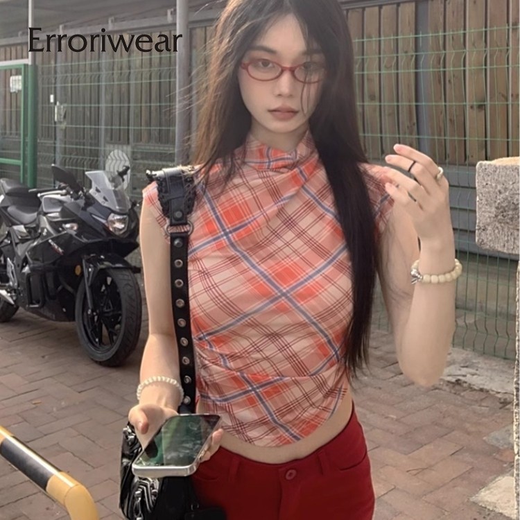 เสื้อยืดผู้หญิงลายสก๊อตโปร่งแสงคอกลมแขนสั้นสลิมฟิต