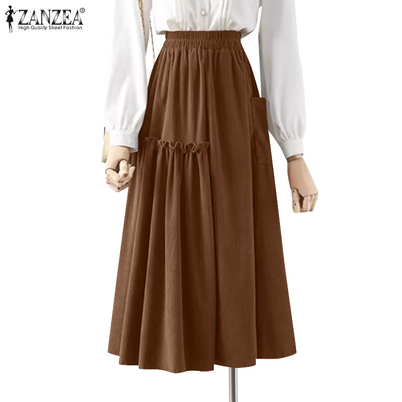 Zanzea ผู้หญิงเกาหลีเอวยางยืดสบายๆพร้อมกระเป๋า Corduroy เย็บ Ruffles กระโปรง