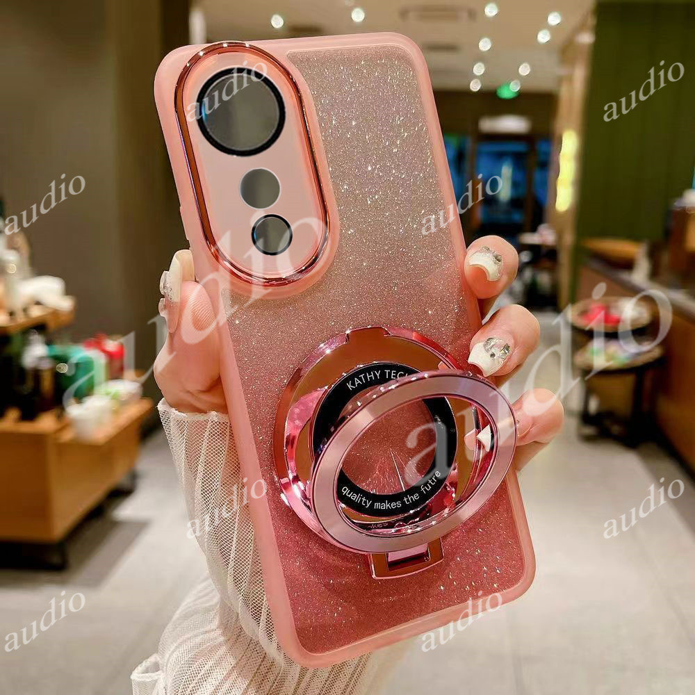 Vivo V40 Pro 5G CD รูปแบบ Glitter Magnetic Bracket เคสโทรศัพท์สําหรับ VivoV40 Pro 5G เลนส์กล้องฟิล์มป้องกัน Glitter เคสโทรศัพท์พร้อมขาตั้งเดสก์ท็อปผู้ถือแหวนนิ้ววงเล็บ