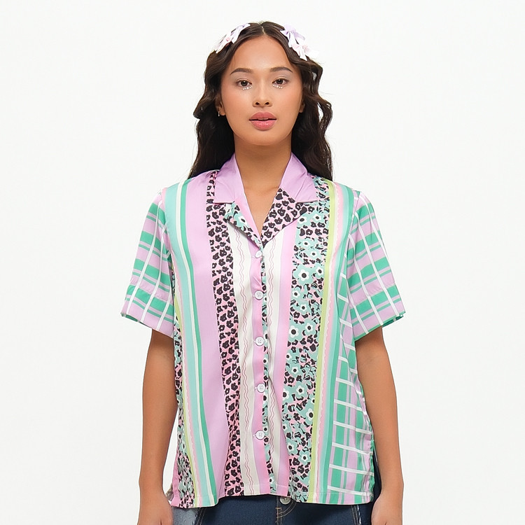 KEMEJA Rtw Studio เสื้อเชิ้ตแขนสั้นผู้หญิงพิมพ์ Tiana Minty คอลัมน์สีชมพู Mint