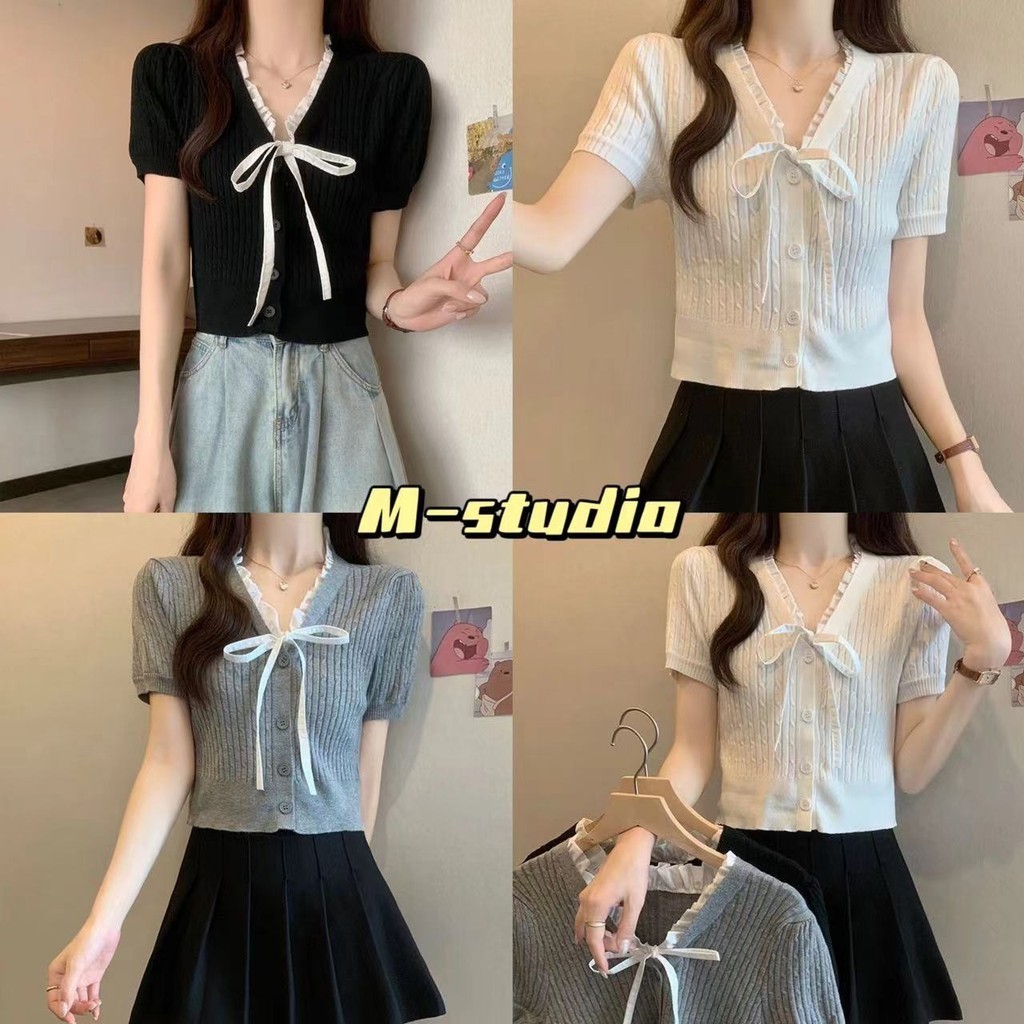 Maze พร้อมส่ง เสื้อถักไหมพรมแขนสั้นดีเทลแต่งหยักที่คองานคอวีเก๋ๆผูกโบว์ด้านหน้า(M2140)