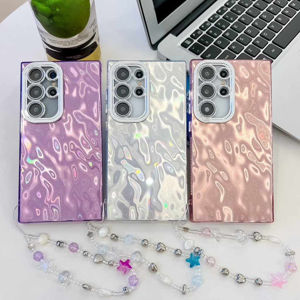แวววาว พื้นผิวย่น + เชือกมือ เคส Samsung Galaxy S24 FE S24 Ultra S24 Plus S24 S23 Ultra A15 A25 A35 A55 A54 5G Case เคสโทรศัพท์ใหม่ สไตล์หญิง และชาย IMD ป้องกันการตก เคสมือถือซัมซุง