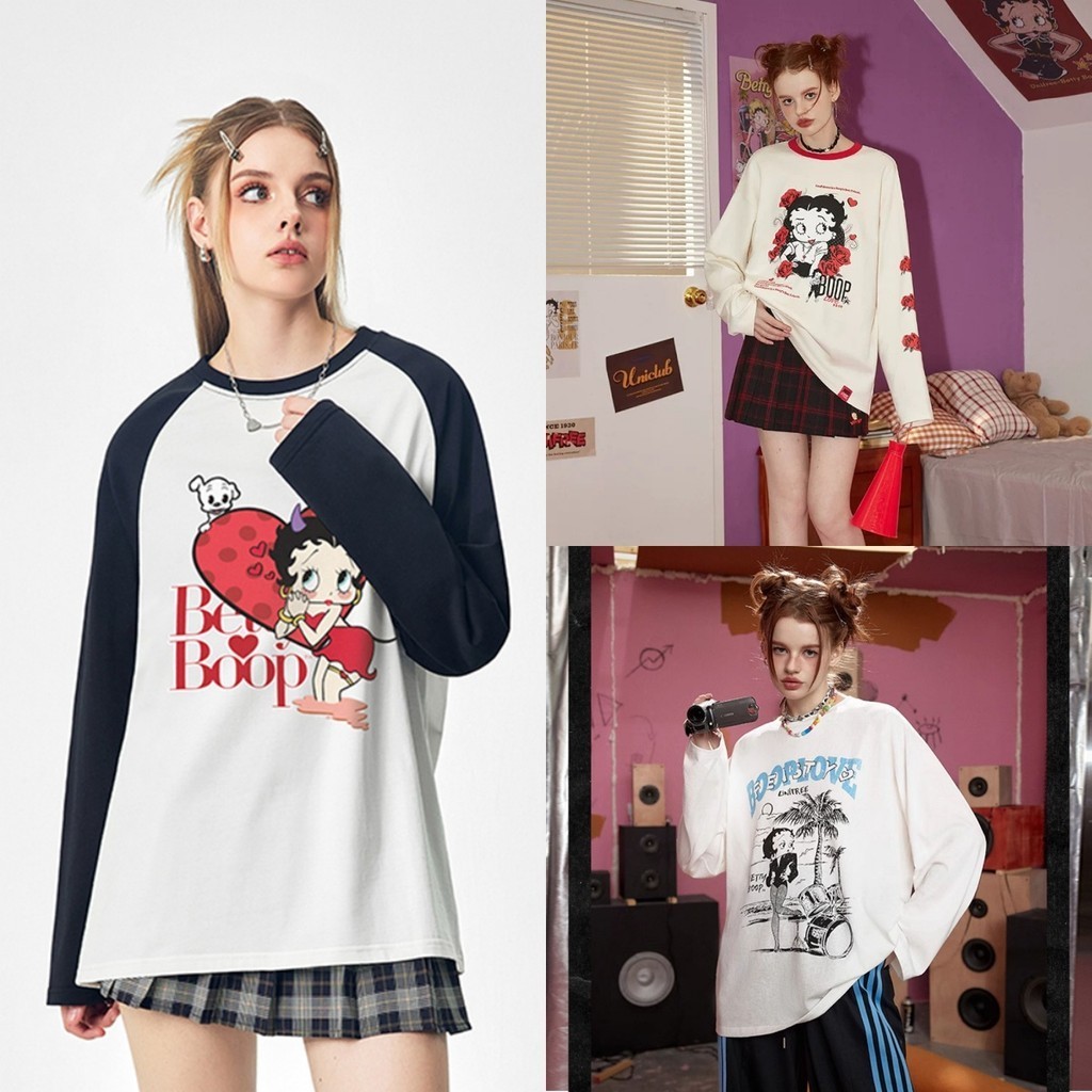 Betty เสื้อยืดแขนยาวผู้หญิง American retro BETTY การ์ตูน 3D รูปแบบการพิมพ์รอบคอเสื้อยืด oversize casual อเนกประสงค์สไตล์ผ้าสบายและนุ่ม