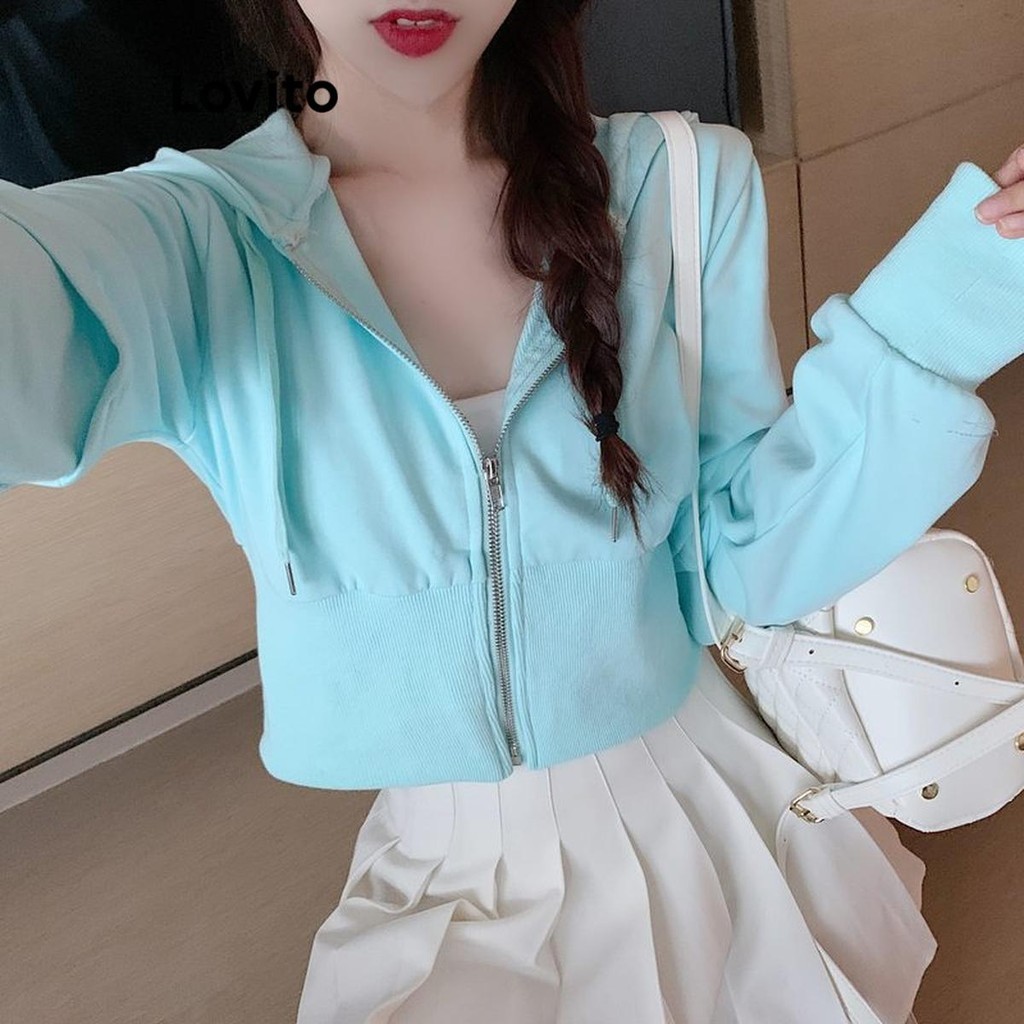 Lovito เสื้อสเวตเตอร์ผู้หญิง มีซิป สีพื้น สไตล์ลำลอง LNA69439