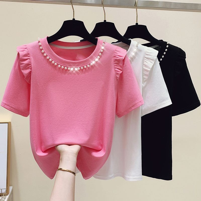 หวานเร้าใจแขนสั้นเสื้อยืดสําหรับฤดูร้อนใหม่ของผู้หญิงแฟชั่นเล็บลูกปัดรอบคอสลิมฟิตอเนกประสงค์ด้านบน