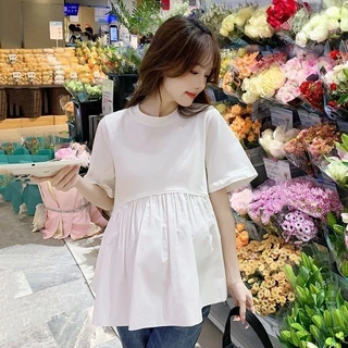 Coco~เสื้อยืดผู้หญิง หญิงตั้งครรภ์ สีทึบ สไตล์สบาย ๆ หลวม ๆ แฟชั่นเวอร์ชั่นเกาหลี