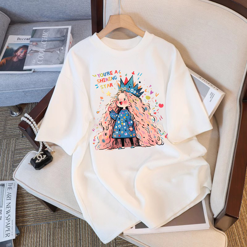 COD (กรุงเทพจัดส่งสินค้า)MAO Shop การ์ตูนน่ารักสาวผมยาวพิมพ์เสื้อยืดแขนสั้นหลวม #51854