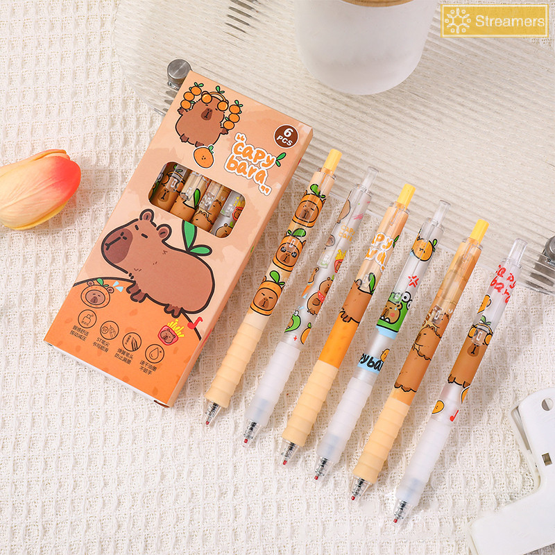 {Streamers} 6 ชิ้นน่ารัก Capybara ปากกาเจล Quick-Drying Wrig Smooth Soft Pen Grip Neutral ปากกาความงามเครื่องเขียนอุปกรณ์สํานักงานของขวัญใหม่