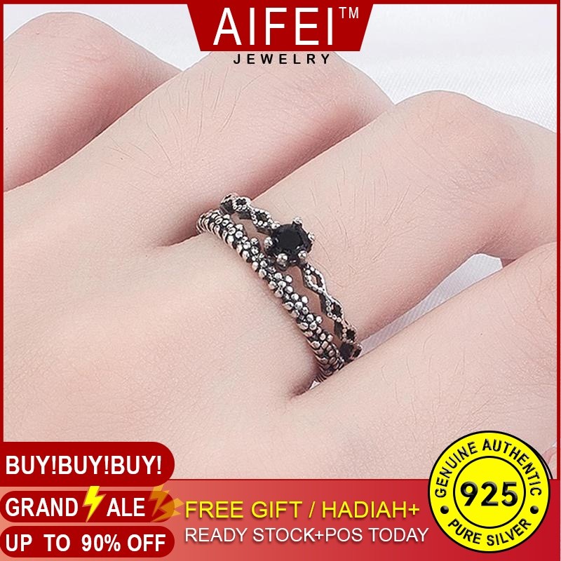 Aifei เครื่องประดับ 925 สีดํา Perak แหวนเงินปรับ Cincin เกาหลี Obsidian Perempuan อุปกรณ์เสริมเงินสเตอร์ลิงสําหรับ Original Vintage Ginga [指 เพชรแฟชั่นโซ่ผู้หญิง R150