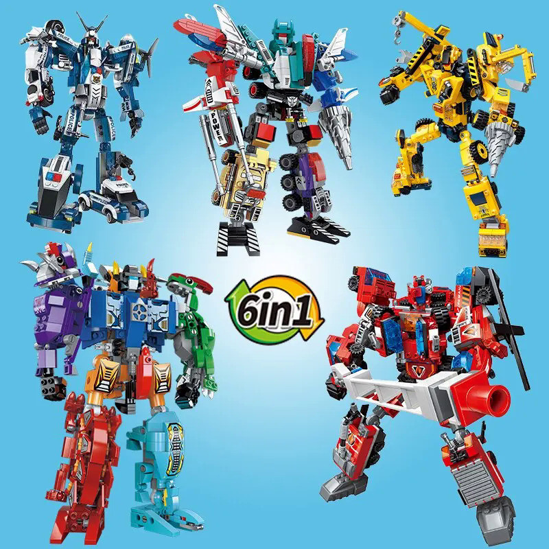 6 In 1 Transforming Robot Building Blocks Kits DIY Construction Vehicle Car Assembly Action Figure B