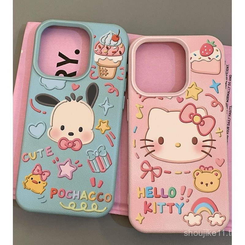 เค้กหนังสีเบจ Hello Kitty Apple 15PROMAX เคสมือถือ iphone14เคสป้องกัน13รุ่นผู้หญิง12 u1g0