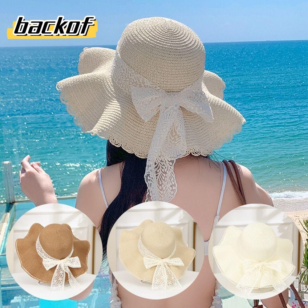 หมวกกันแดด กลับ,หมวกชายหาดป้องกันรังสียูวีปีกกว้าง,ริบบิ้นโบว์แฟชั่นฟางหมวกฟางแบบพกพา การท่องเที่ยว